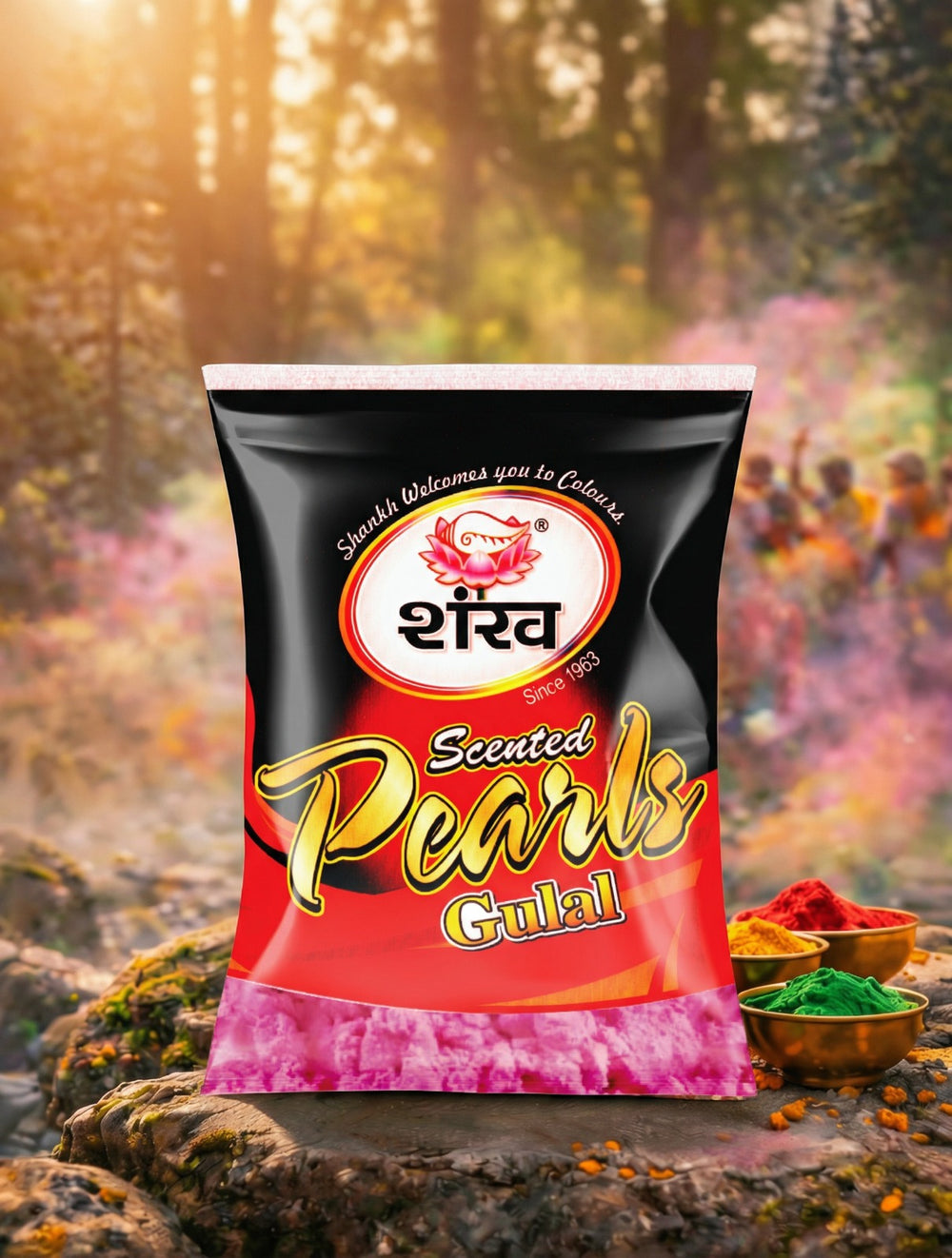 Bag of Scented Pearls Gulal with a scenic background