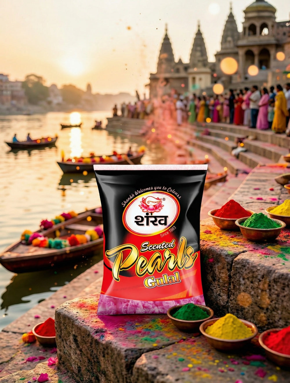 Packaged product with 'Scented Pearls' branding on a scenic background with boats and people.
