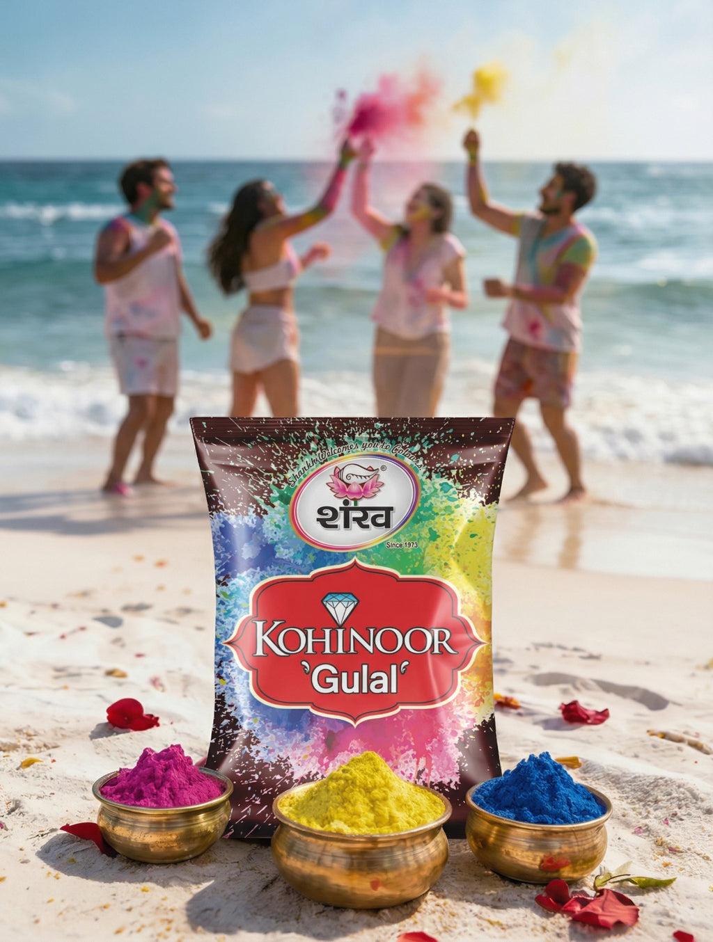 Kohinoor Gulal packaging on a beach with people celebrating Holi.