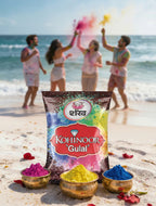 Kohinoor Gulal packaging on a beach with people celebrating Holi.