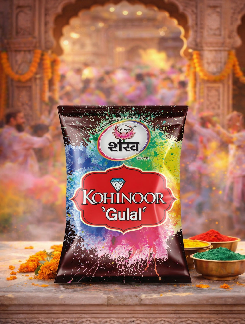Kohinoor Gulal packet with colorful powder in front of a festive background