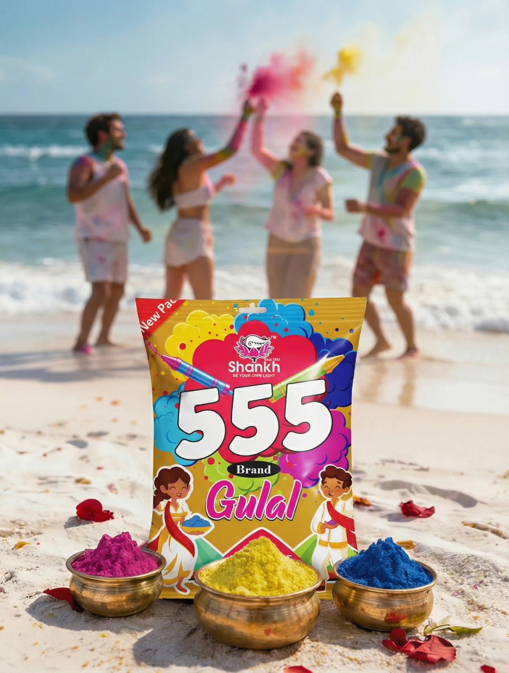 Shankh 555 Brand Gulal packet on a beach with people celebrating Holi festival.
