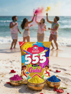 Shankh 555 Brand Gulal packet on a beach with people celebrating Holi festival.