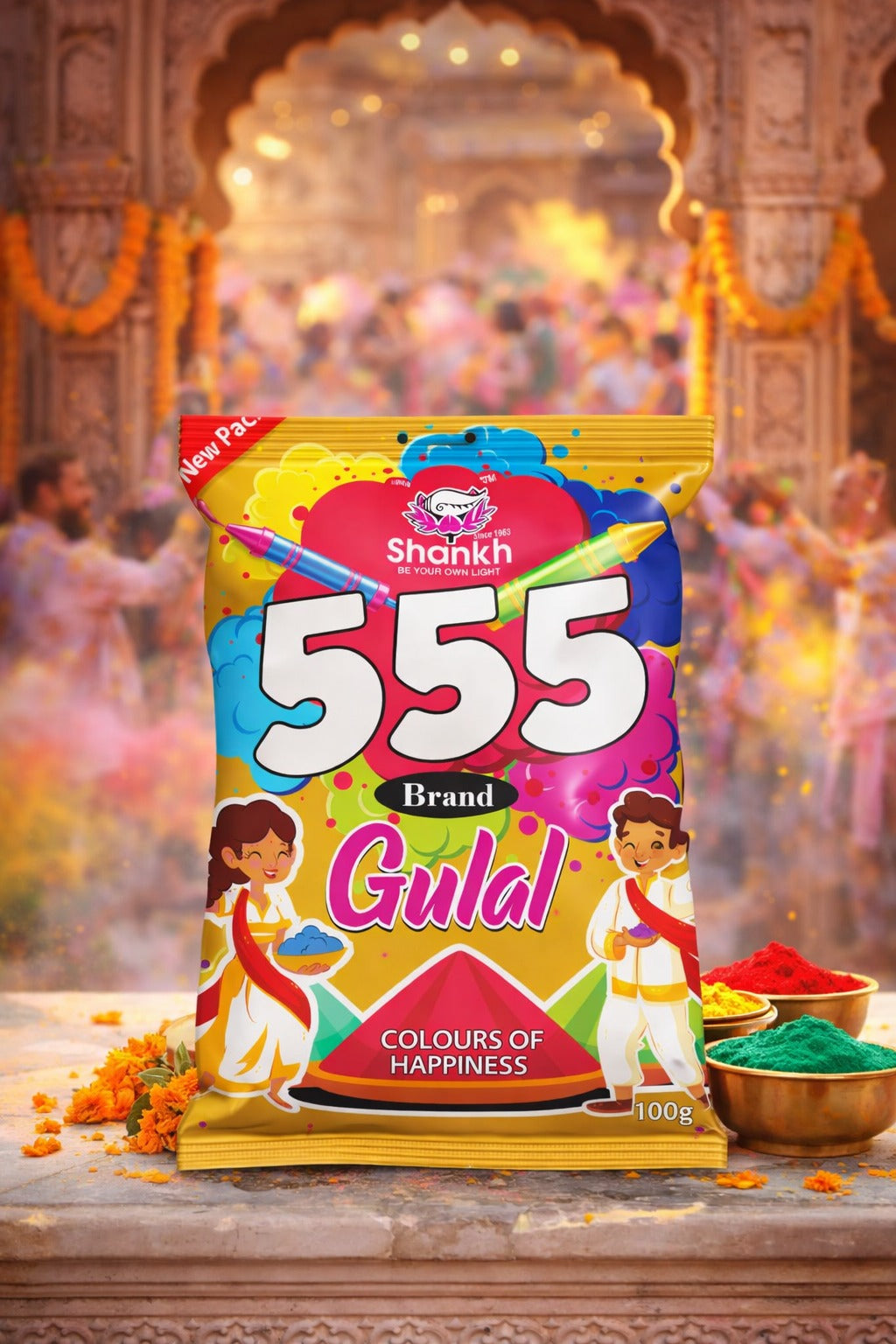Shankh 555 Gulal packet with traditional setting in the background