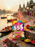 555 Gulal packaging with a scenic background of a river and temple.