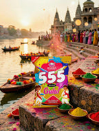 555 Gulal packaging with a scenic background of a river and temple.