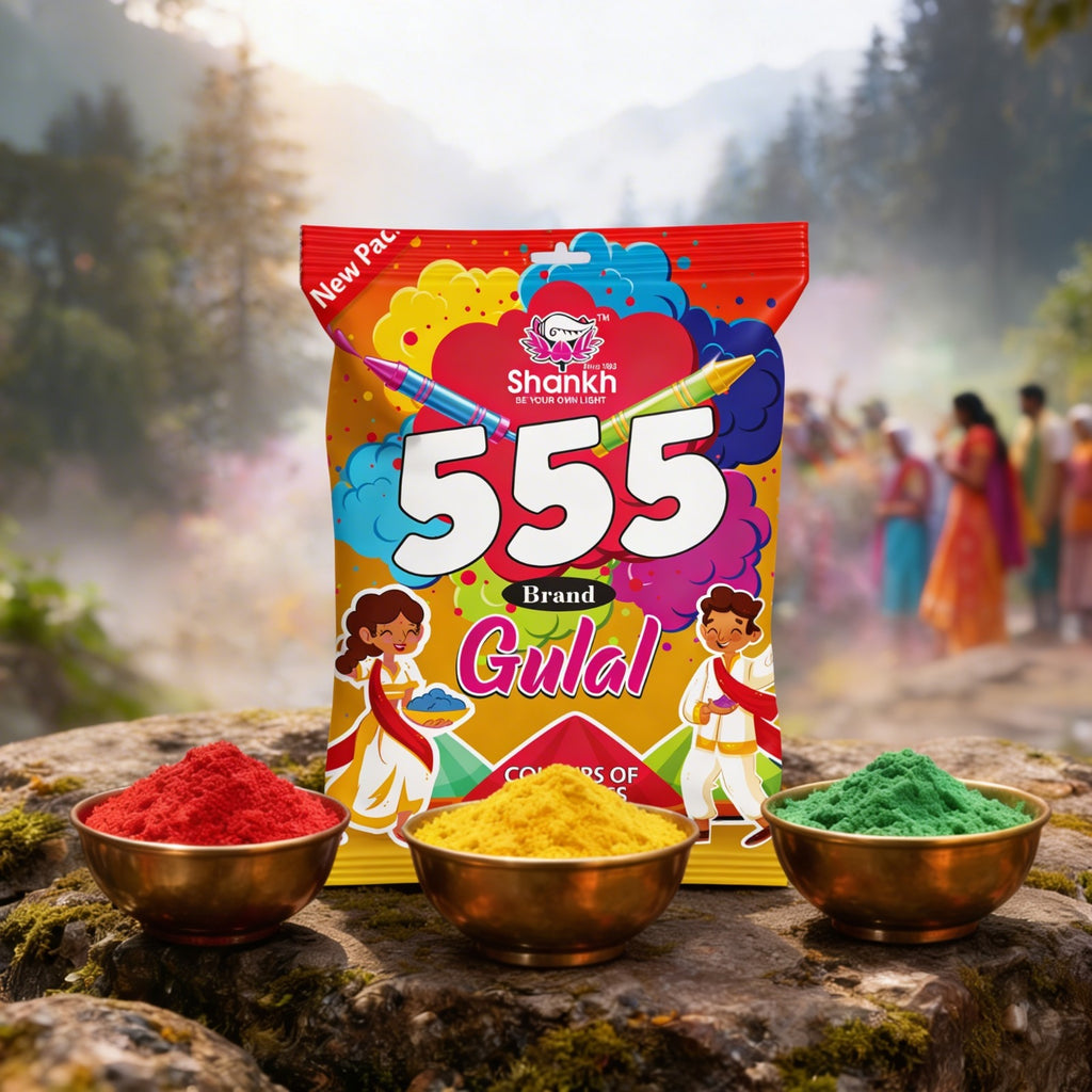 555 Brand Gulal packaging with holi colors on a natural background