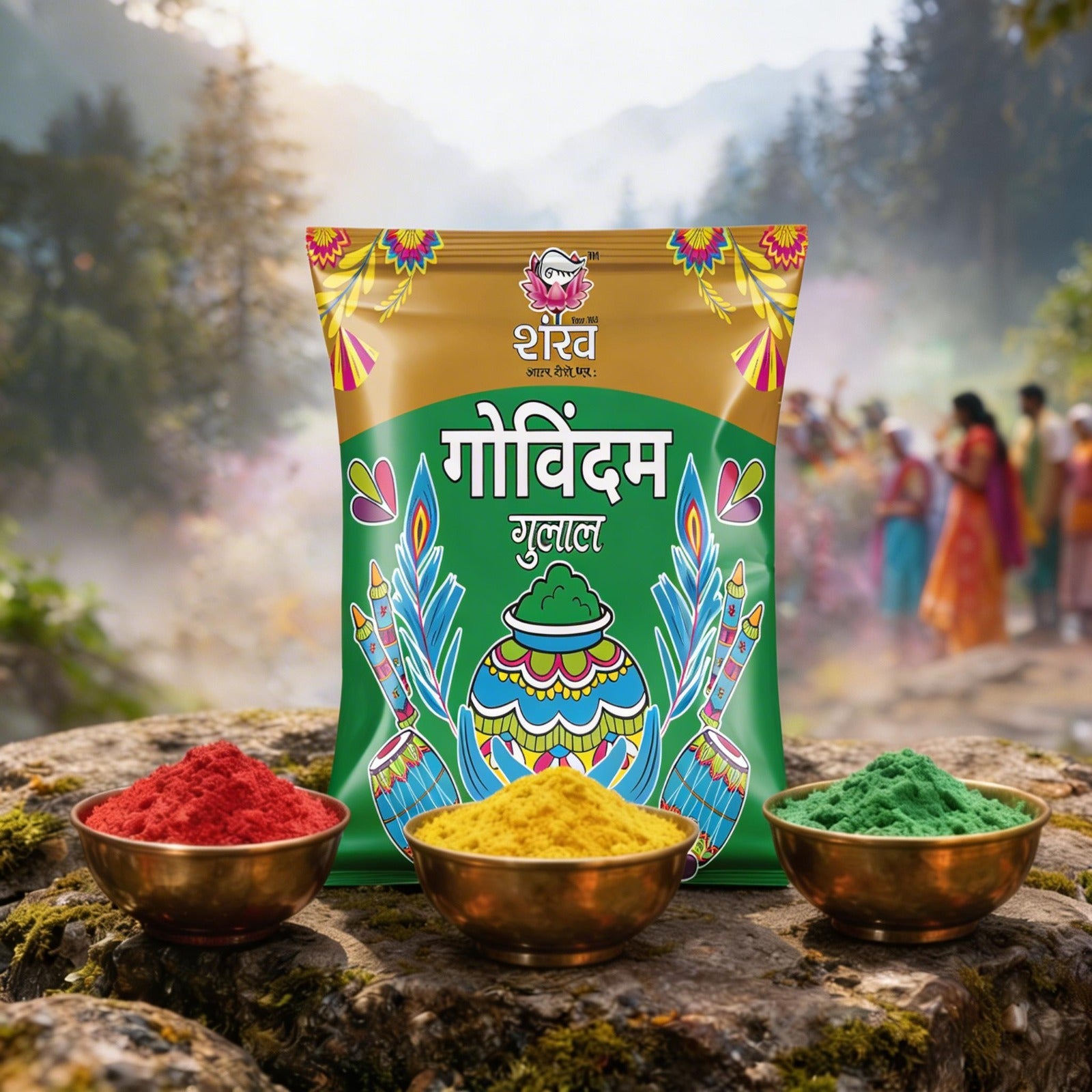 Packaged product with colorful powders on a natural background