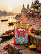 Colorful packet of Gobindam food product with a temple and river background