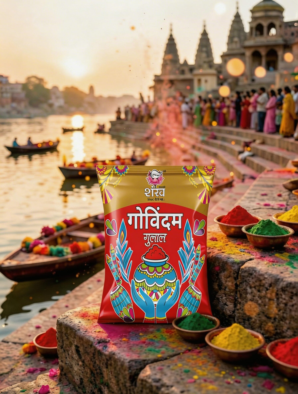 Colorful packet of Gobindam food product with a temple and river background