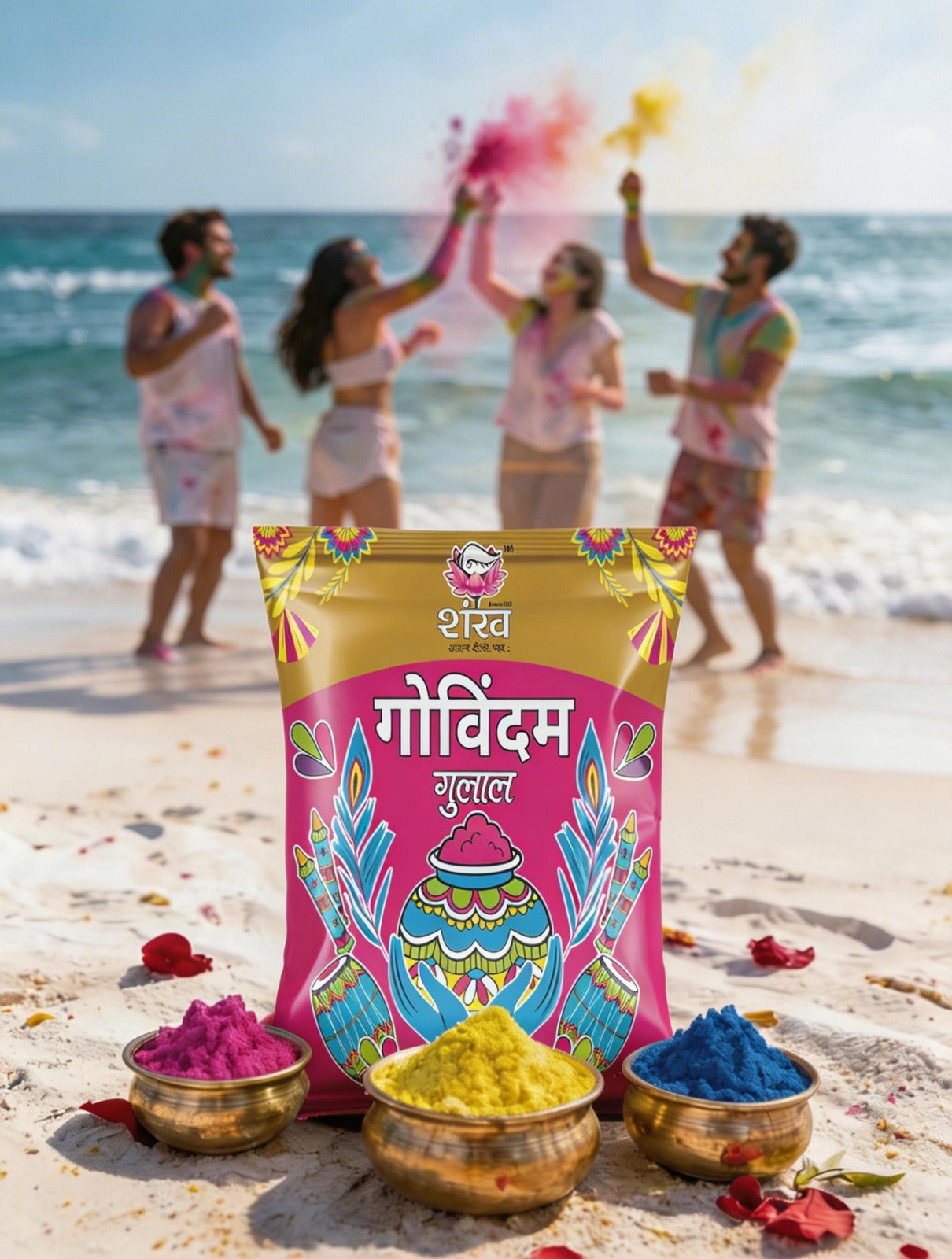 Gulal powder packaging with people celebrating Holi on a beach