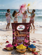 Scented Classic Gula packaging with holi colors on a beach