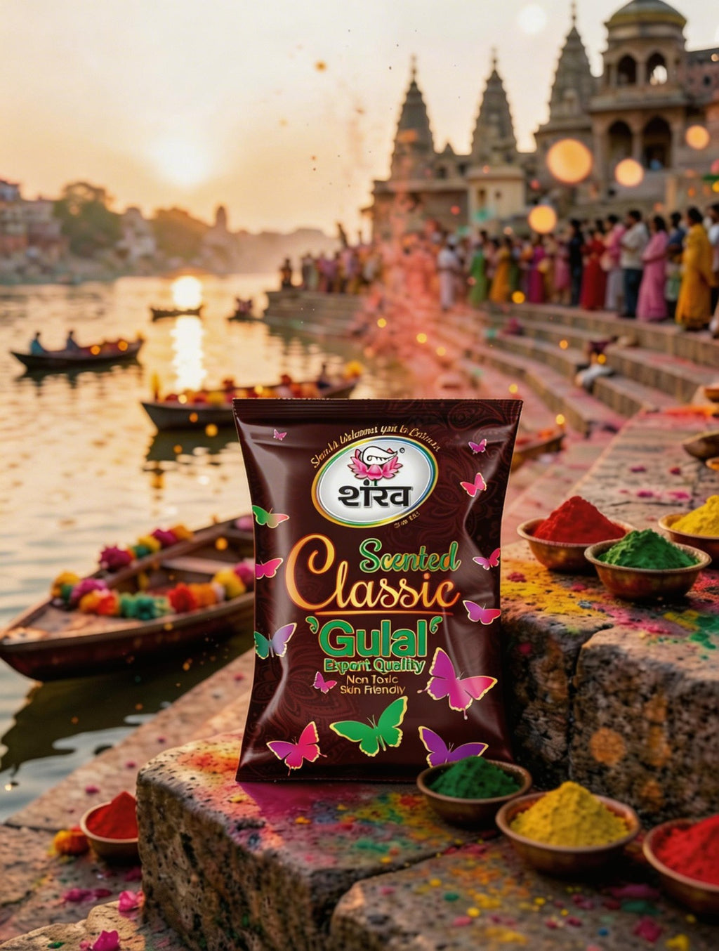 Scented Classic Gulal packet with a temple and river background