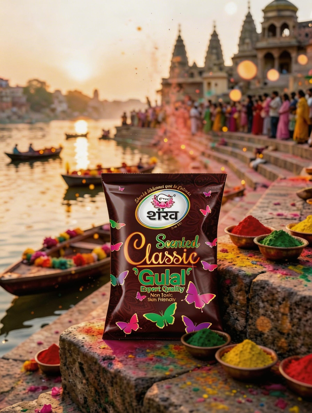 Scented Classic Gulal packet with a temple and river background