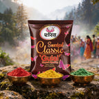 Shanti Scented Classic Gulal packaging with three bowls of colored gulal powder against a natural background.