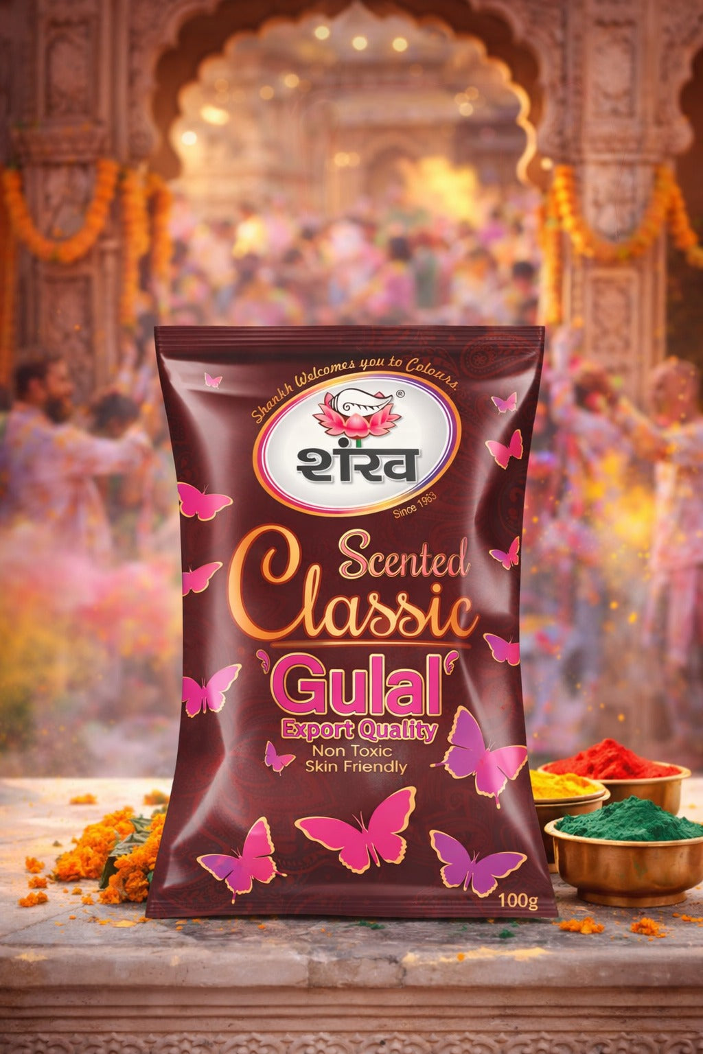 Scented Classic Gulal packaging with decorative elements in the background