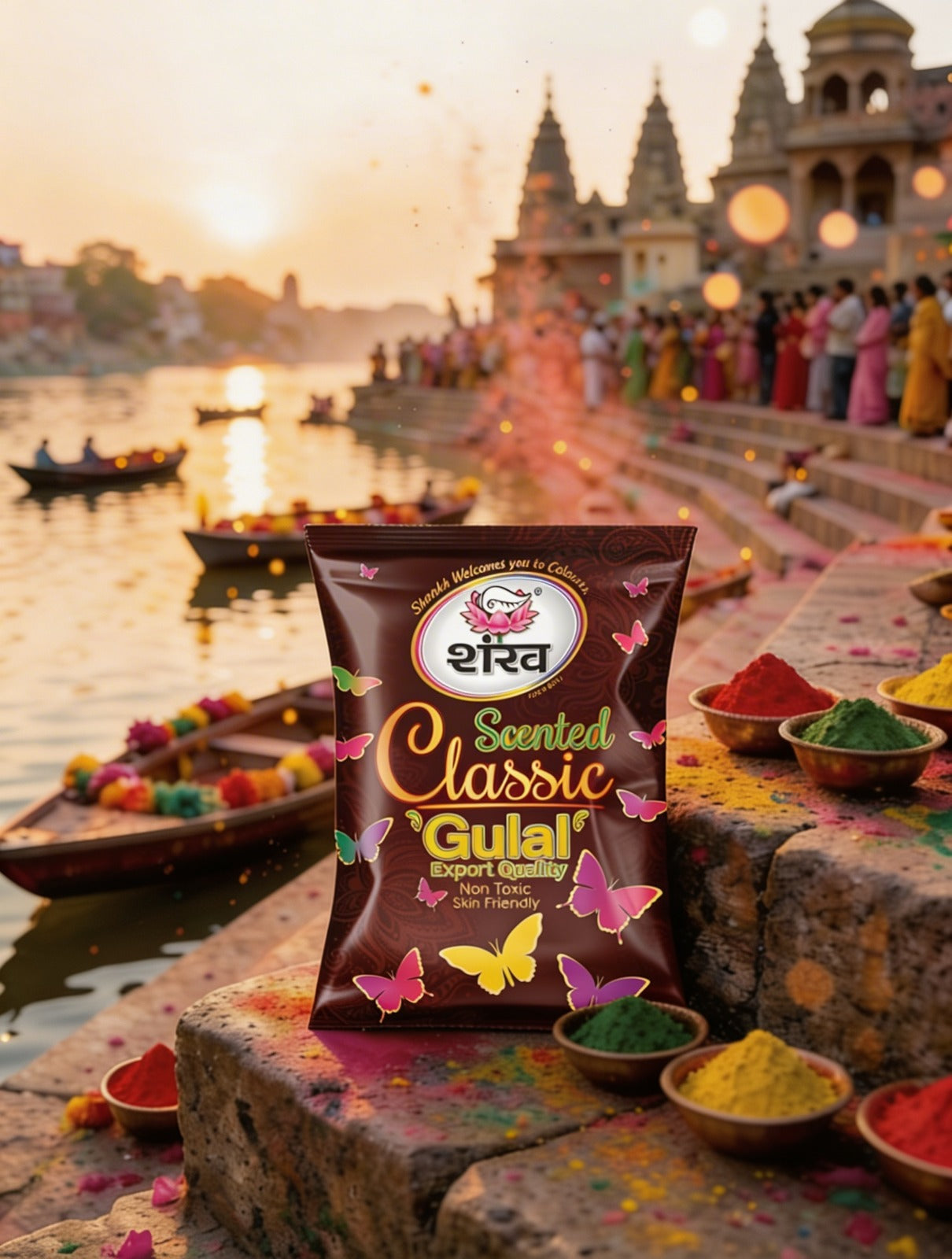 Scented Classic Gulal packet with a temple and river background