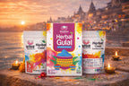 Herbal Gulal packaging with a scenic background of a river and temple.