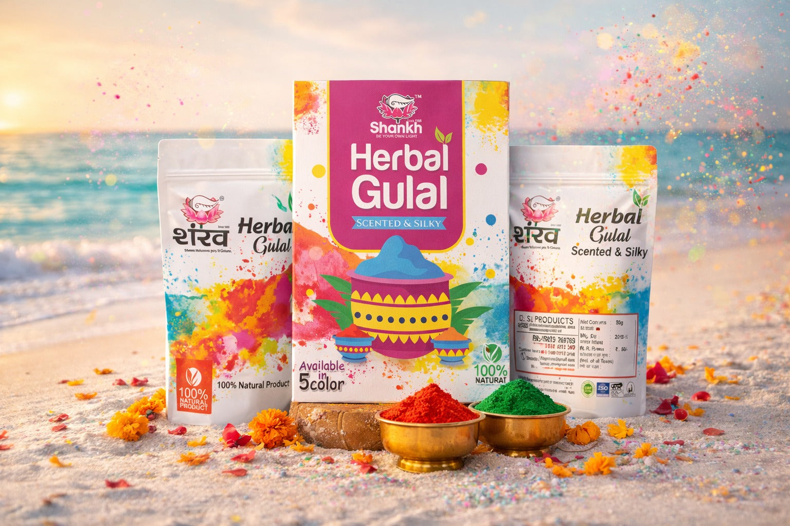  Herbal Gulal packaging on a beach with gulal powders.