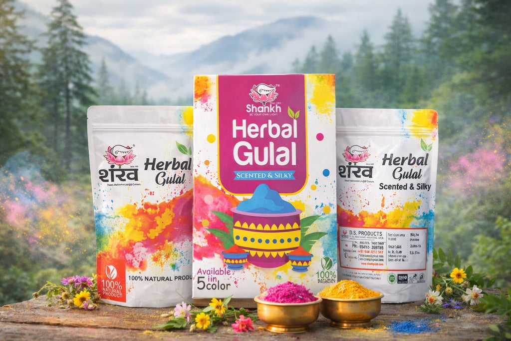 Shankh Herbal Gulal packaging with a scenic background