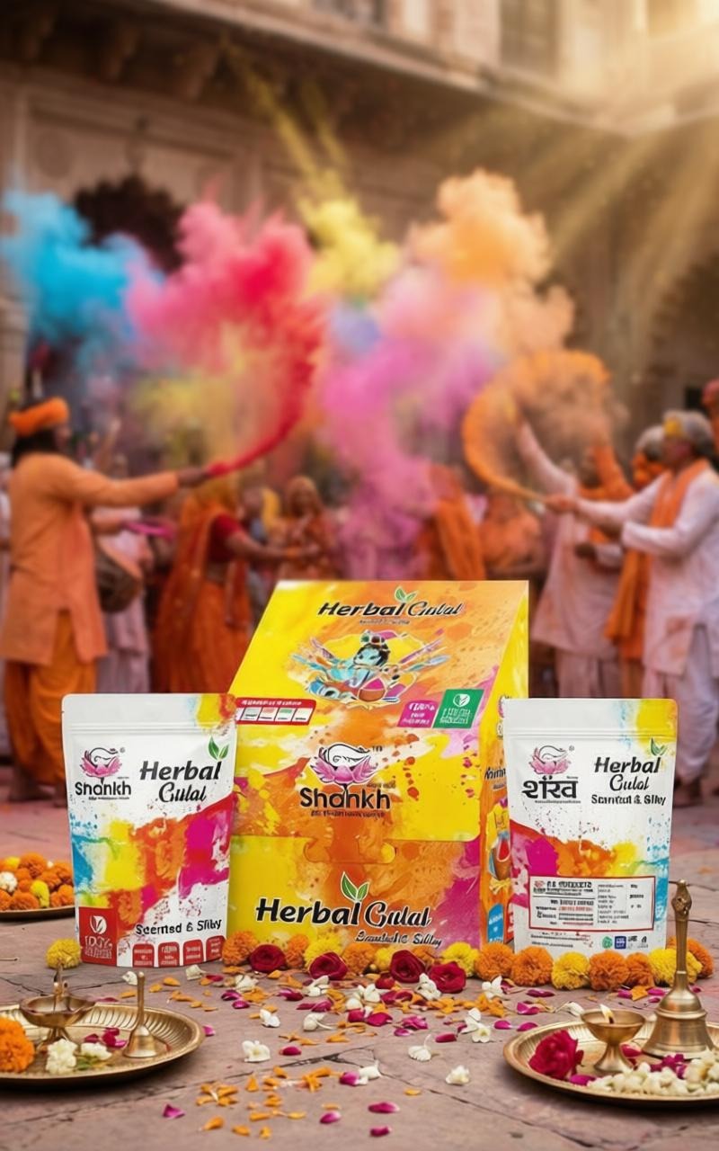 Herbal Cineal products with people celebrating Holi in the background