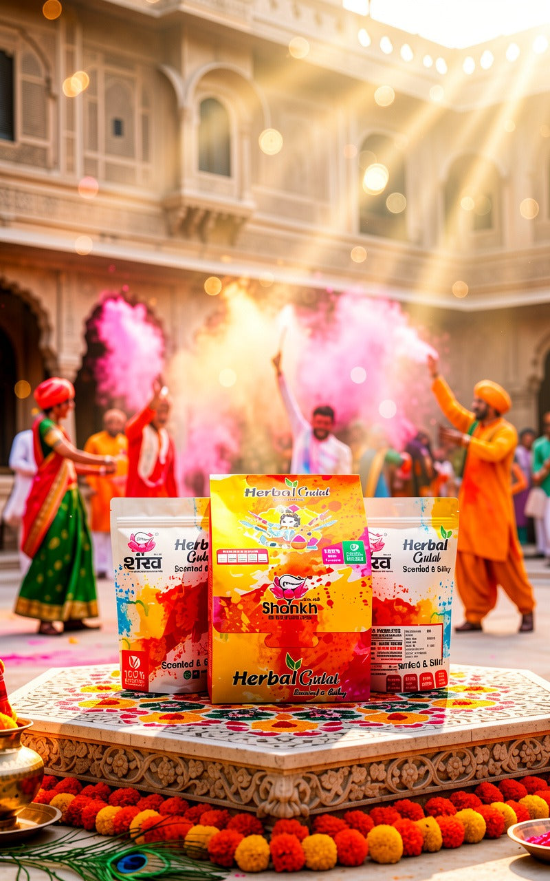 Herbal Gold products on a decorative platform with people celebrating Holi in the background.