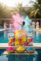Herbal Gold color packets with colorful powders by a poolside