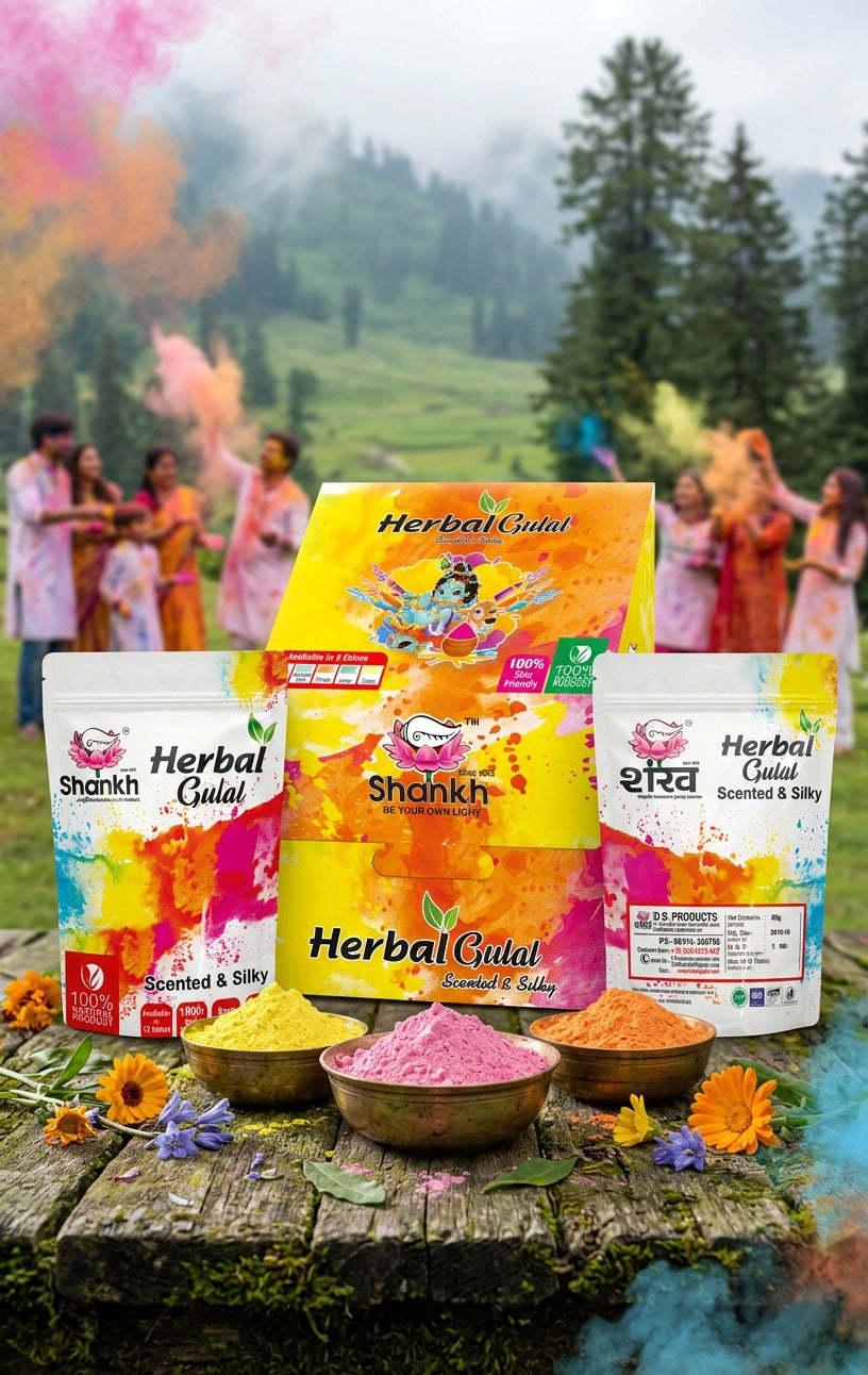 Herbal Gulal packaging with colorful gulal in front, people celebrating Holi in the background.