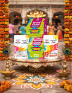 Herbal Gulal products on a decorative platform with floral and peacock decorations.
