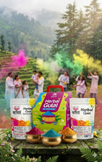 Herbal Gulal packaging with people celebrating Holi in the background