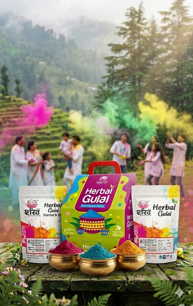 Herbal Gulal packaging with people celebrating Holi in the background