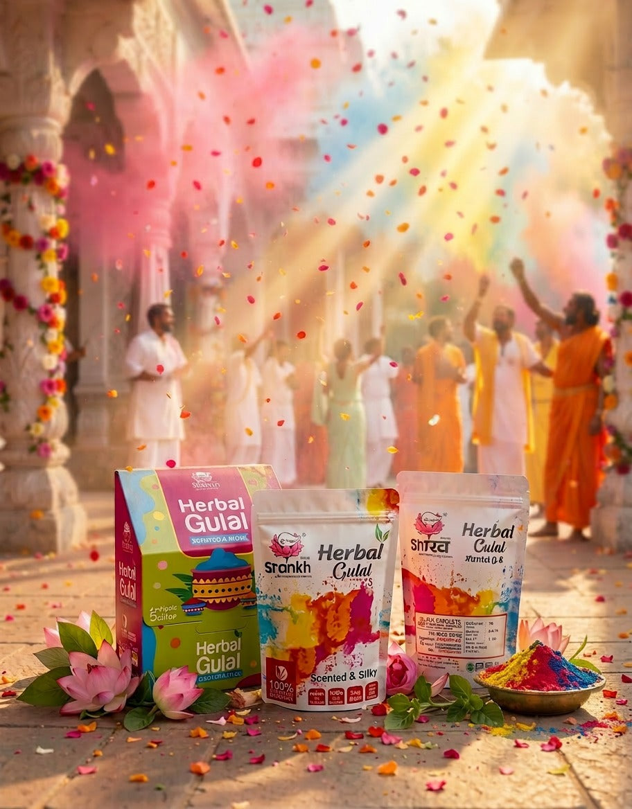 Herbal Gulal products with colorful powder and people celebrating Holi in the background.