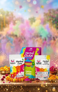Herbal Gulal packages on a wooden table with a colorful, blurred background