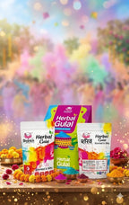 Herbal Gulal packages on a wooden table with a colorful, blurred background