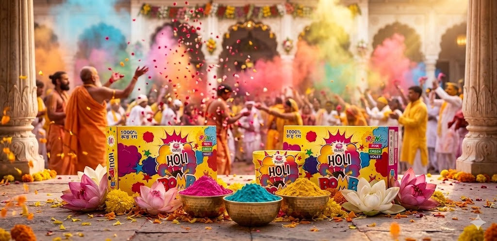 Holi festival celebration with colorful powder and Holi branding in the foreground.
