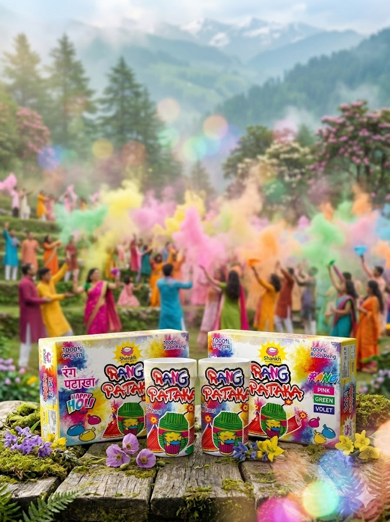 Colorful powder being thrown with people in the background, Rang Patti packets in the foreground.