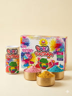 Shankh Rang Patacha packaging with colorful powders in small cups on a beige background