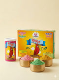 Bulbul color powder packaging with open containers on a beige background