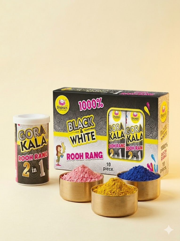 Gora Kala Rooh Rang with packaging and colorful powders on a beige background
