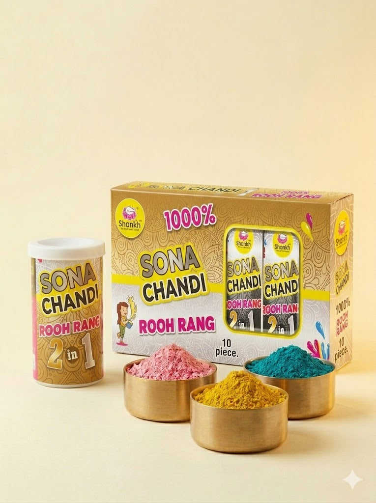 Sona Chandi Rooh Rang with packaging and colorful powders on a beige background