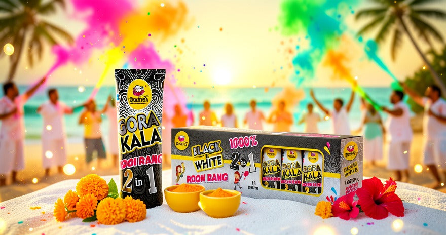 Two boxes of 'Black White' Rooh Afza with colorful smoke effects and people in the background.