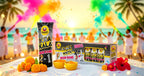 Two boxes of 'Black White' Rooh Afza with colorful smoke effects and people in the background.
