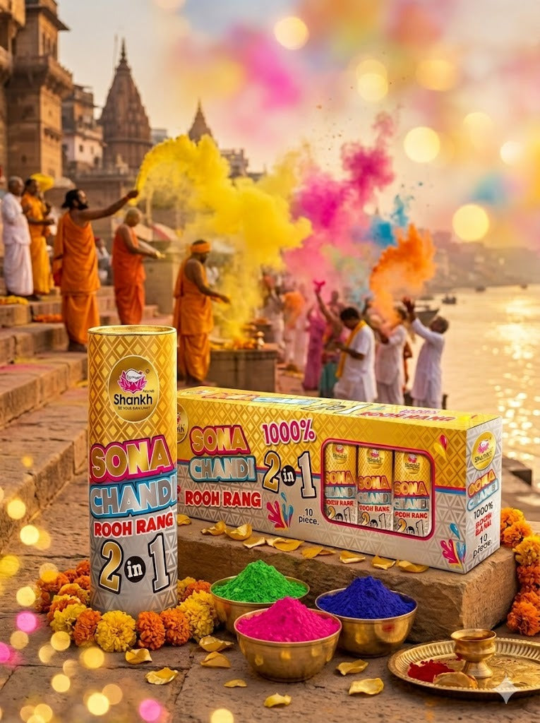 Shankh Sona Chand Rooh Rang products with people celebrating Holi in the background.