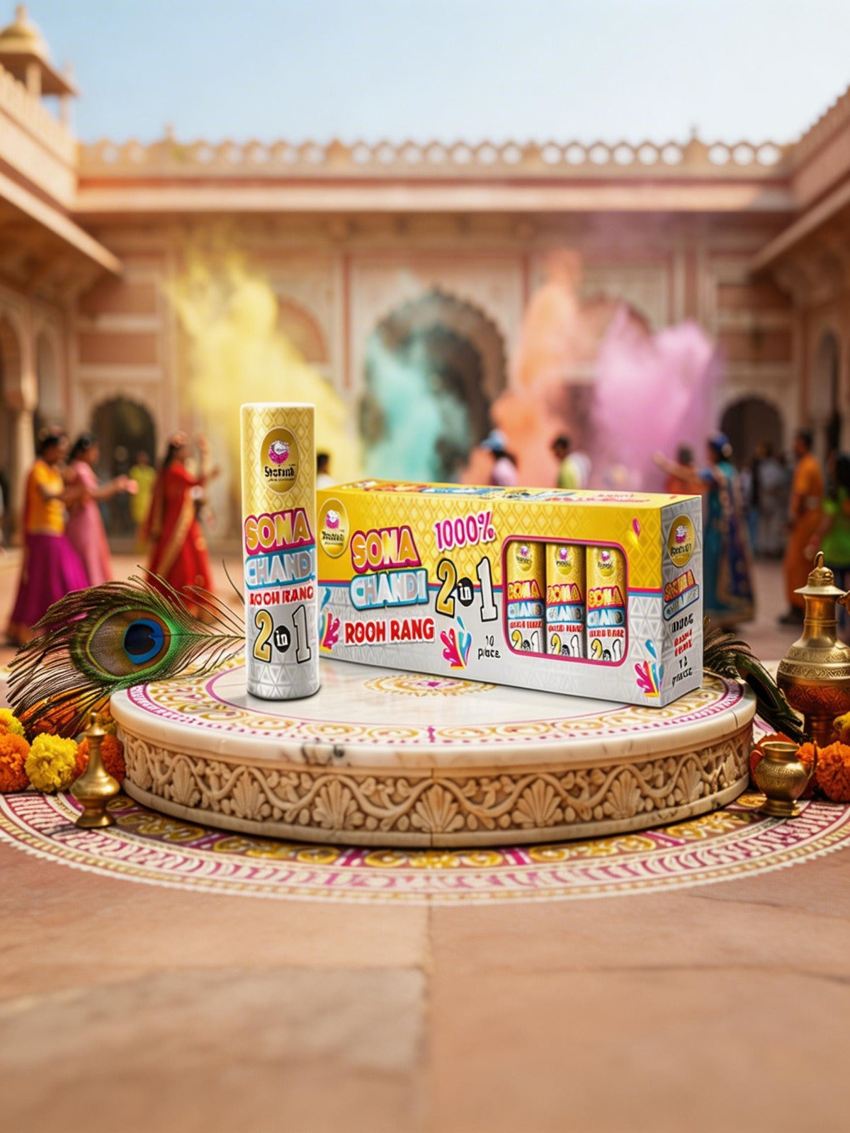 BOMA Color Rooh Rang products on a decorative platform with people celebrating in the background.