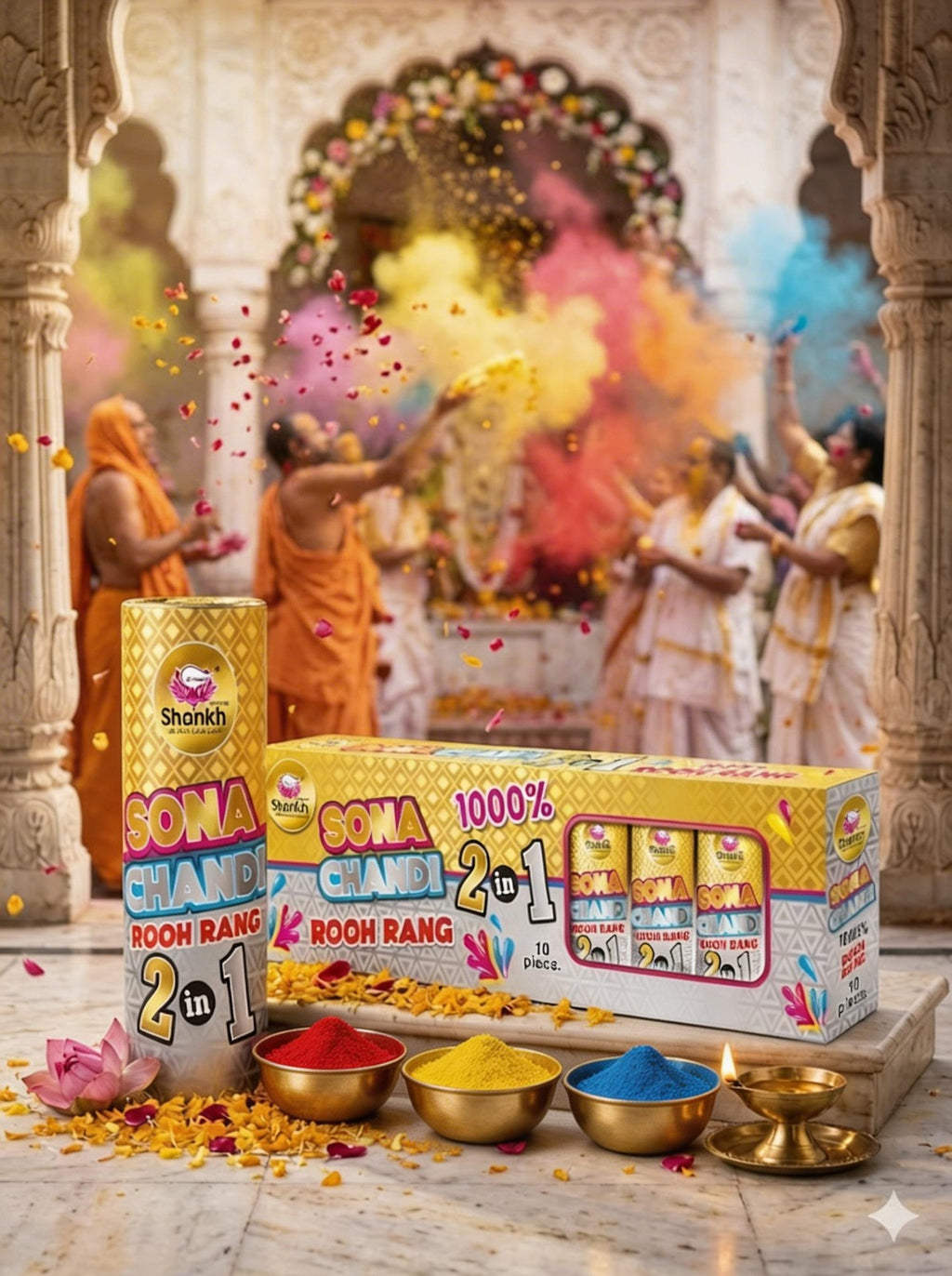 Sona Chand Rooh Rang color powder with packaging in a festive setting