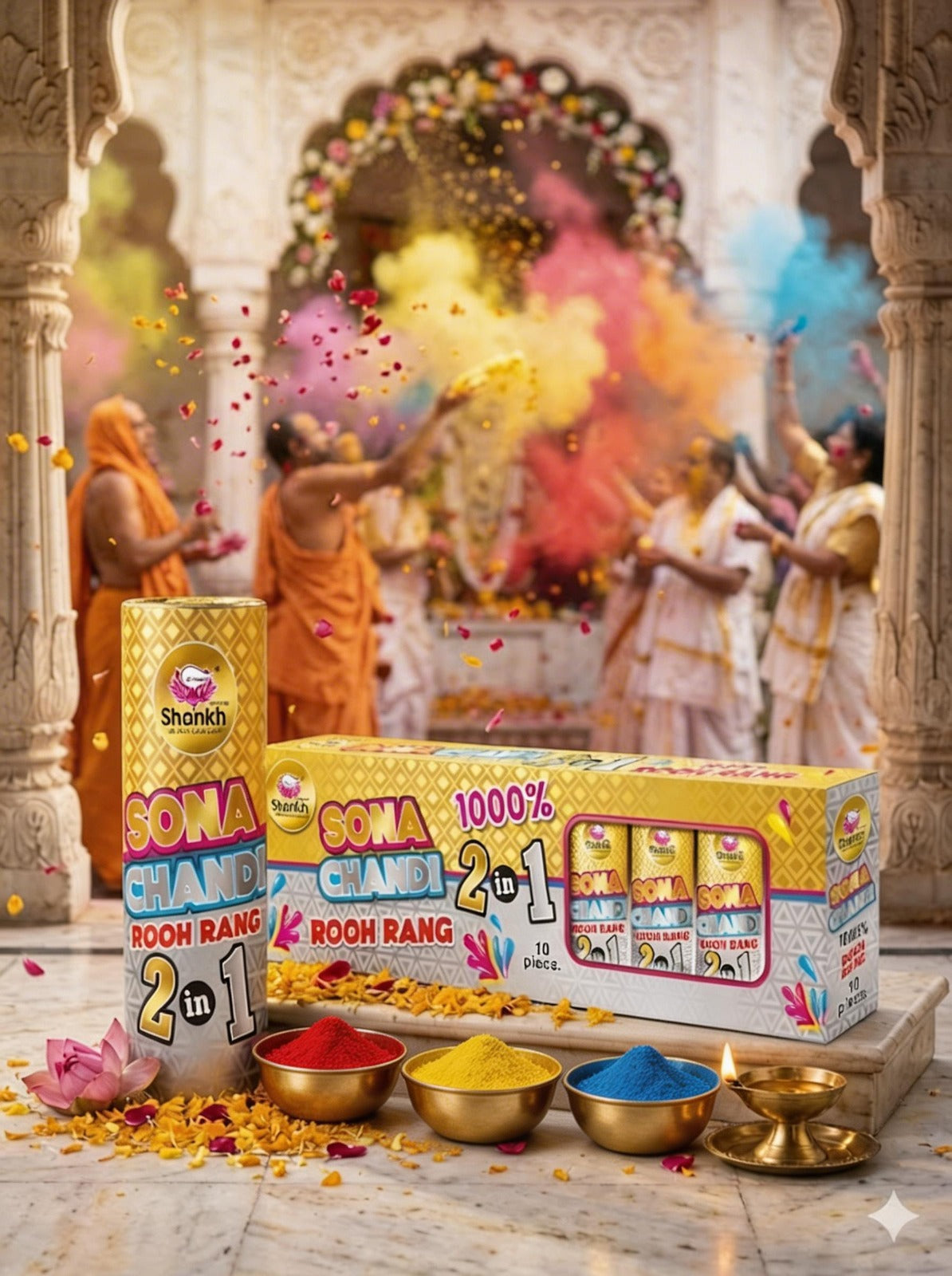 Sona Chand Rooh Rang color powder with packaging in a festive setting
