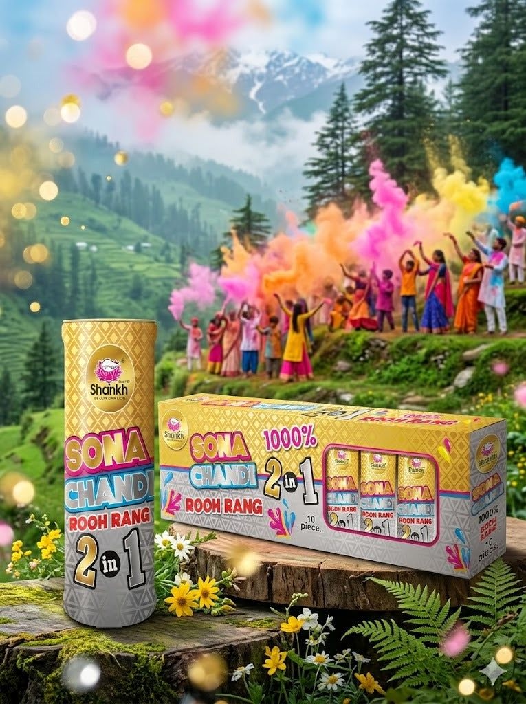Shankh Sona Chand Booh Rang 2-in-1 firecrackers with a scenic background of people playing with colored powder.
