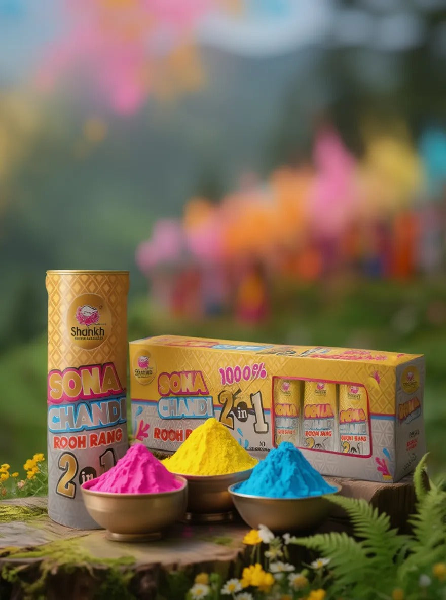 Shanich Bona Chandi Rooh Rang with colorful powders and packaging on a natural background.