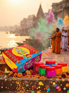 Colorful Holi powder packaging with jars and people celebrating Holi by a river.
