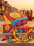 Colorful packaging of Makki Multi Color Gulal with decorative items on a scenic background.